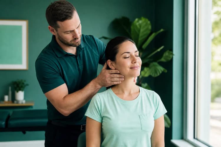 Paciente sorrindo enquanto o quiroprata realiza um ajuste na região cervical.