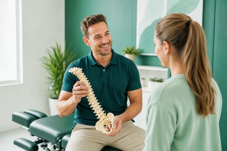 Um quiroprata sorrindo enquanto conversa com um paciente sentado em uma cadeira, ambos em um ambiente de clínica.