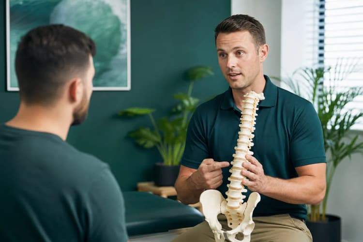 Um quiroprata explicando um modelo de coluna vertebral para um paciente em um consultório.