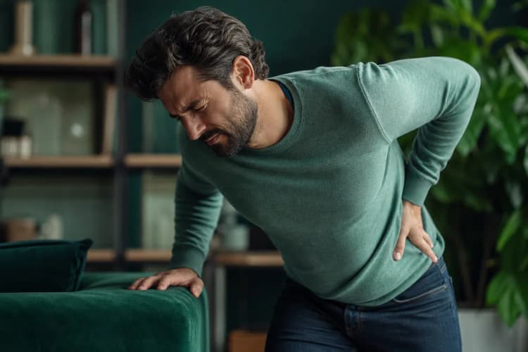 Homem sentindo dor nas costas ao se curvar, com expressão de desconforto.