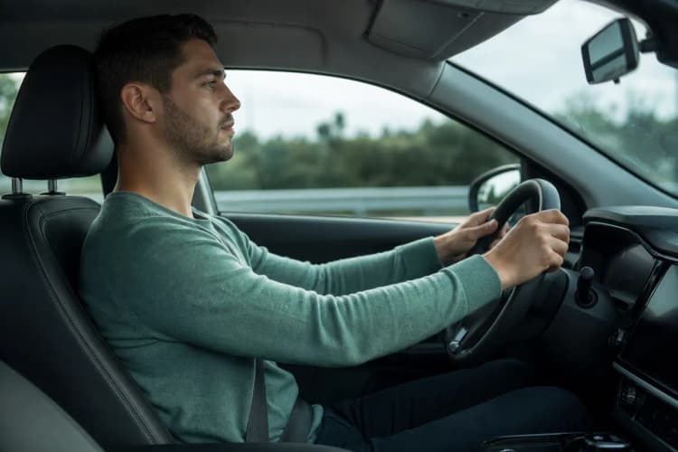 Homem dirigindo um carro com a coluna reta e apoiada no banco.