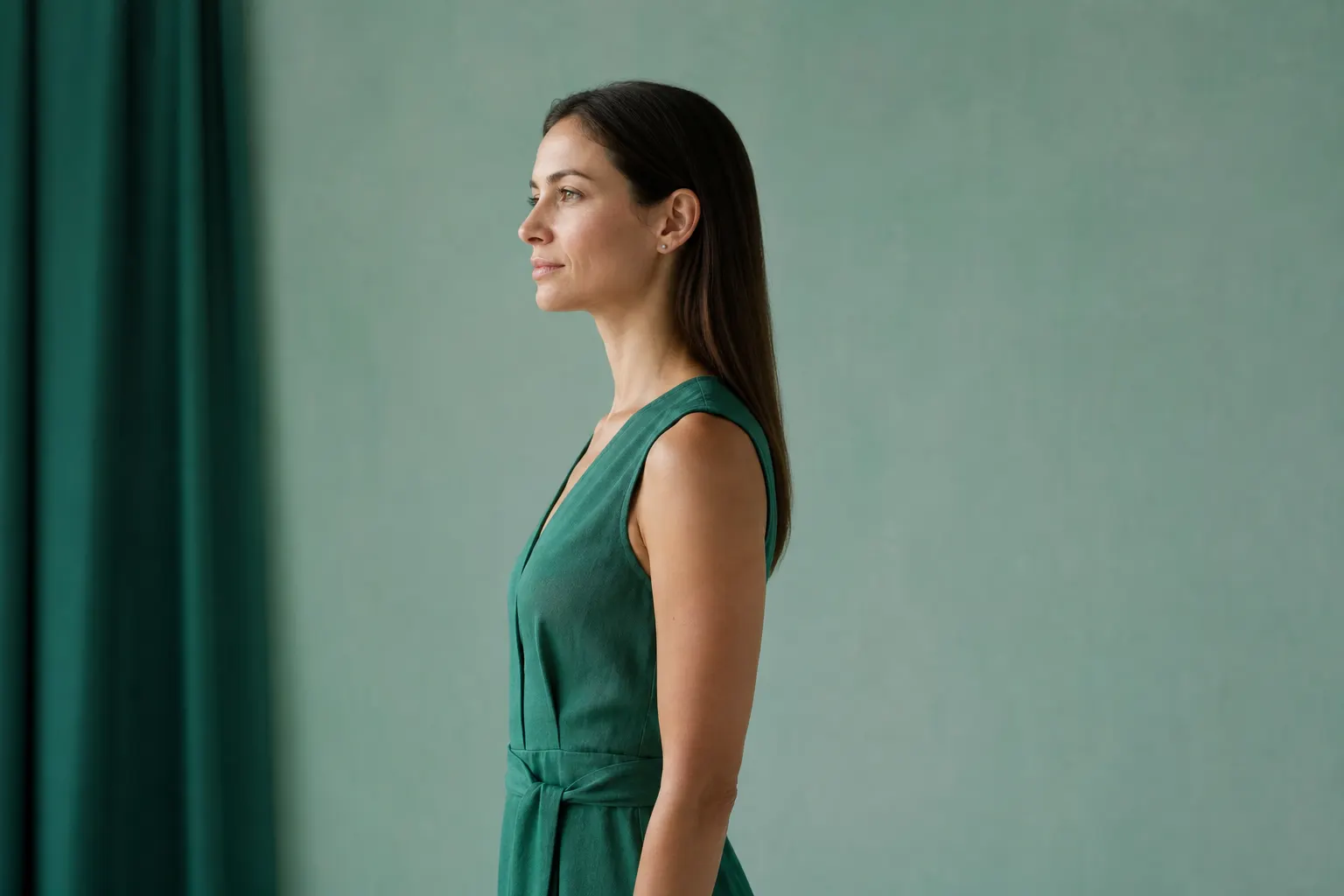 Mulher com coluna reta e saudável, em pé e de perfil, com fundo neutro.