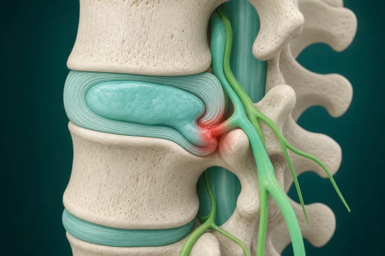 Close-up de uma coluna vertebral humana com uma seção destacada mostrando uma hérnia de disco.