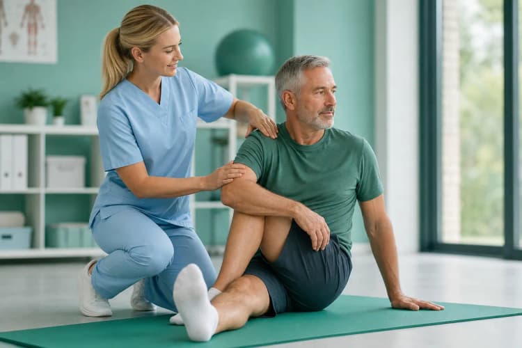 Fisioterapeuta auxiliando paciente em exercício de reabilitação.