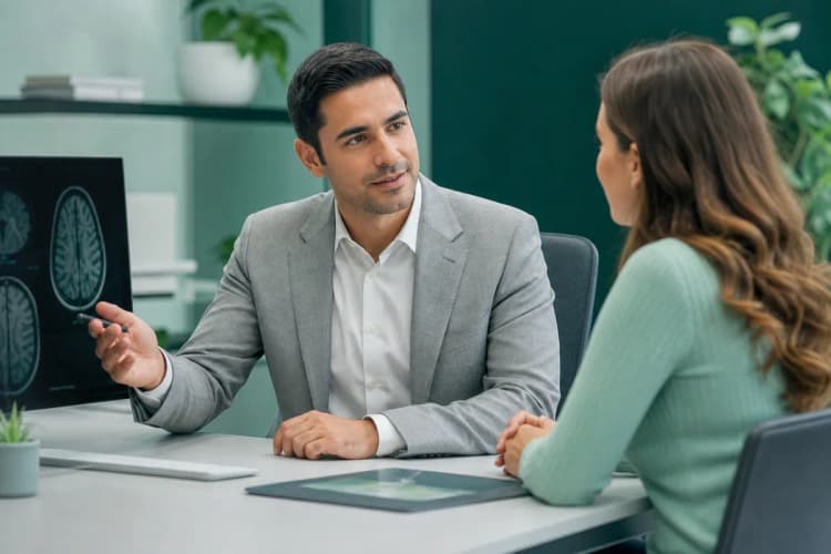 Neurologista conversando com paciente em consultório.