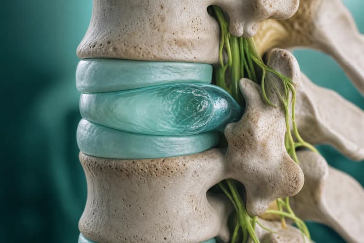 Close-up de uma coluna vertebral humana mostrando um disco intervertebral saliente.