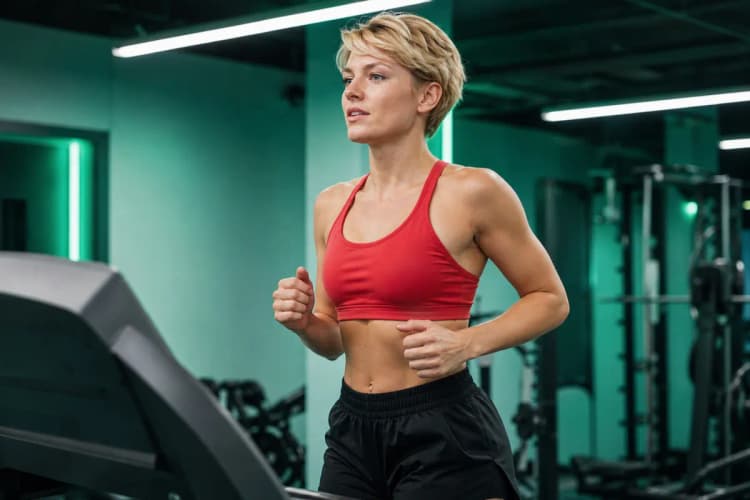 Pessoa correndo em uma esteira em ambiente interno.