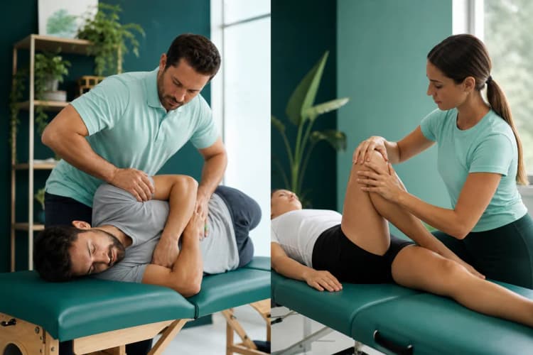 Comparação visual lado a lado de um quiroprata realizando um ajuste na coluna e um fisioterapeuta aplicando terapia manual em um joelho
