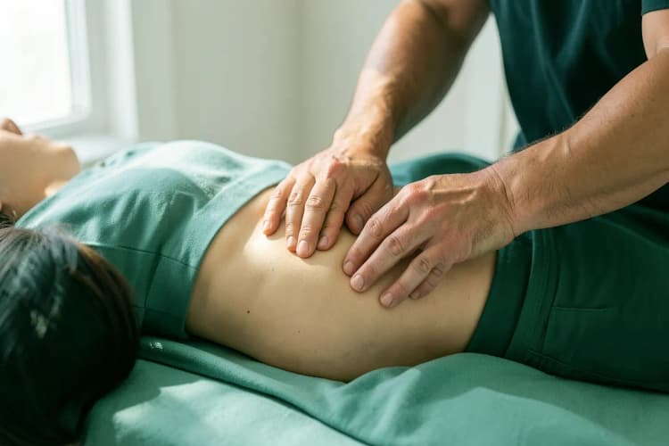 Uma pessoa deitada de costas em uma maca, recebendo massagem terapêutica na região lombar.