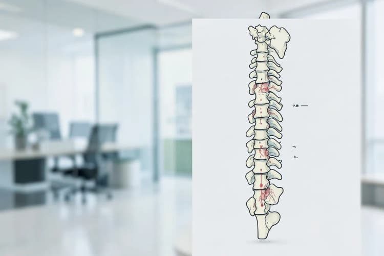 Uma representação esquemática da coluna vertebral com discos intervertebrais desgastados e sinais de inflamação.
