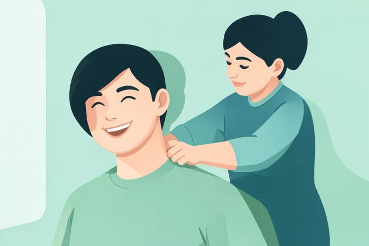 Uma pessoa sorrindo enquanto recebe um ajuste quiroprático no pescoço, com o profissional em segundo plano.