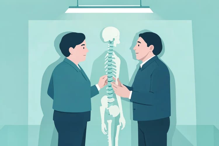 Um quiropraxista examinando a coluna de um paciente em pé, usando um modelo anatômico para explicar.