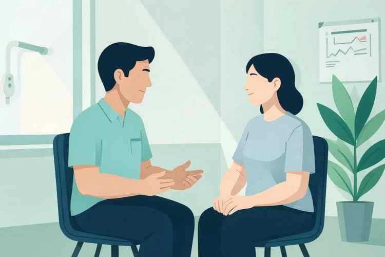Um quiropraxista conversando com um paciente em um consultório, ambos sentados em cadeiras.