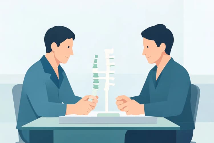 Um quiropraxista e um osteopata comparando modelos da coluna vertebral em uma mesa.