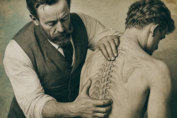 Ilustração antiga mostrando um homem manipulando a coluna de outro indivíduo, remetendo às origens da quiropraxia.