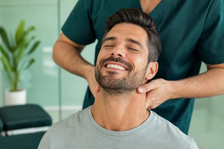 Paciente sorrindo enquanto recebe um ajuste quiroprático, demonstrando alívio e bem-estar.