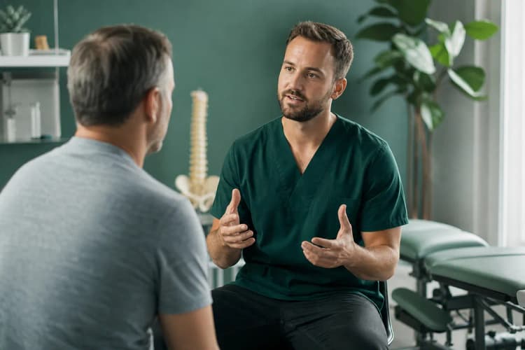Um quiroprata conversando com um paciente, explicando um procedimento em um consultório médico.