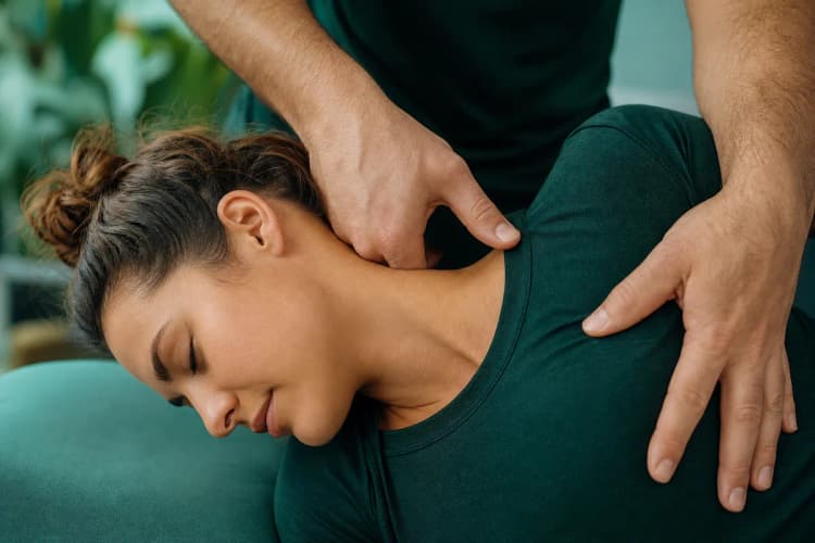 Quiroprata manipulando o pescoço de um paciente, com foco na área cervical da coluna.