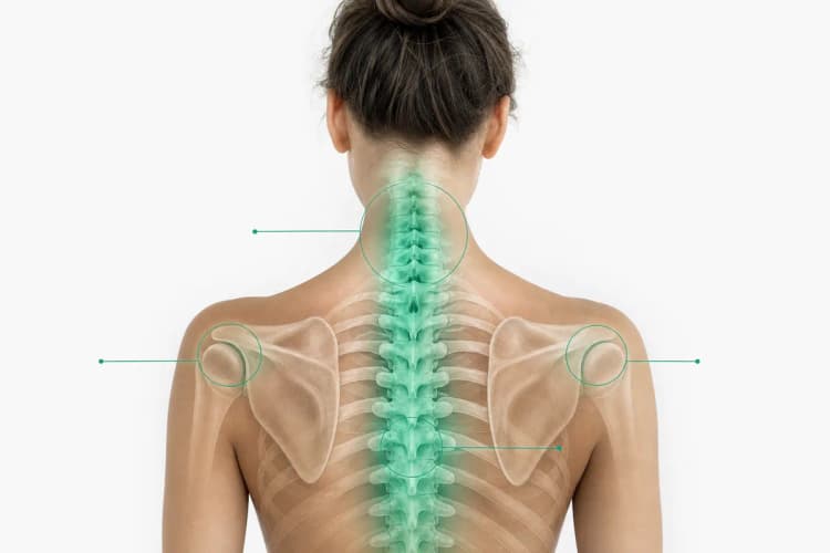 Ilustração mostrando diferentes partes do corpo humano onde a quiropraxia pode ser aplicada, como pescoço, ombros e costas.