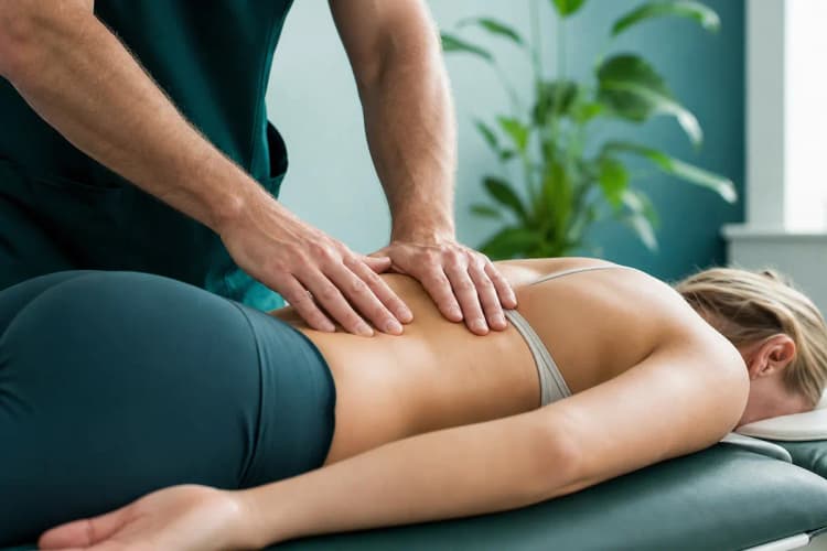 Mãos de um osteopata aplicando pressão controlada na coluna lombar de um paciente em uma maca.