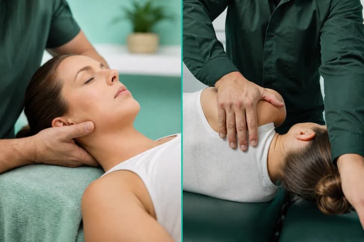 Comparação visual lado a lado: uma mão de osteopata em movimento suave no pescoço e uma mão de quiroprata em ajuste rápido na coluna.