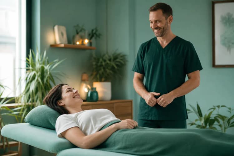 Paciente sorrindo relaxado em uma maca após uma sessão de osteopatia, com o terapeuta ao lado.