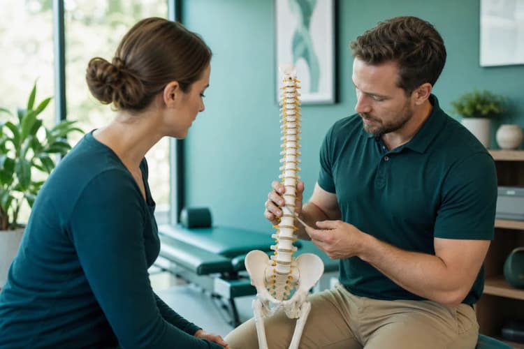 Paciente em consulta com um terapeuta, ambos olhando para um modelo anatômico da coluna vertebral.