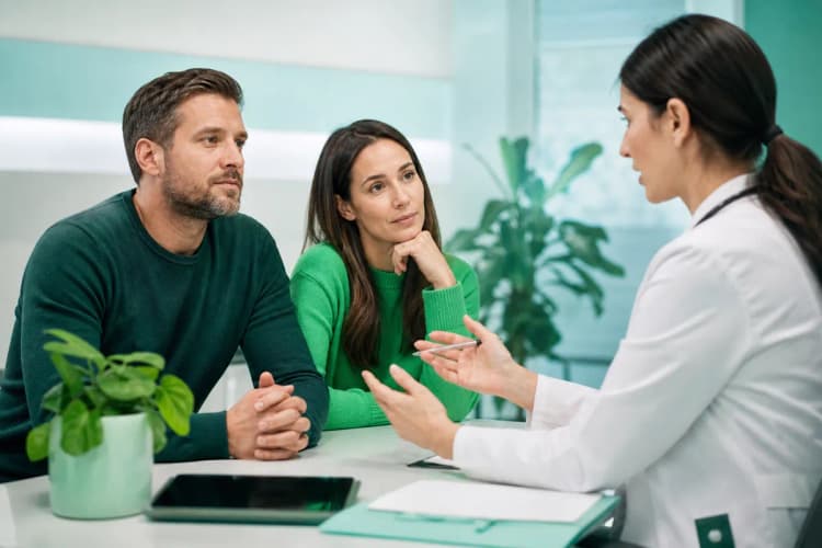 Duas pessoas sentadas em um ambiente de clínica, conversando com um profissional de saúde sobre opções de tratamento.