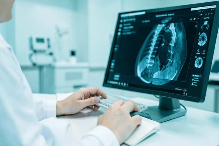 Um médico analisando uma ressonância magnética da coluna vertebral em um monitor.