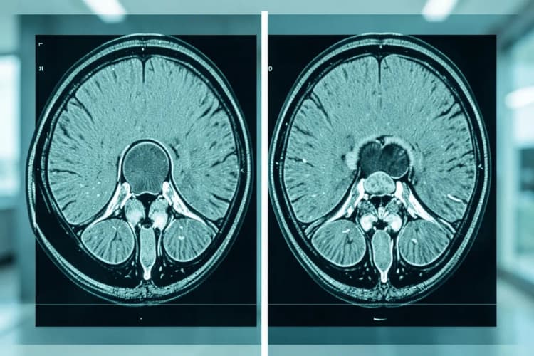 Uma comparação visual lado a lado de uma ressonância magnética de um disco normal e um disco herniado.