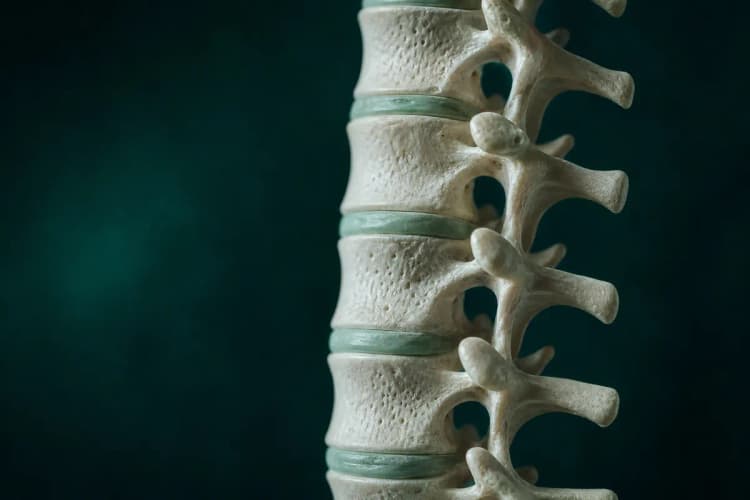 Close-up de uma coluna vertebral humana com destaque nas vértebras lombares.