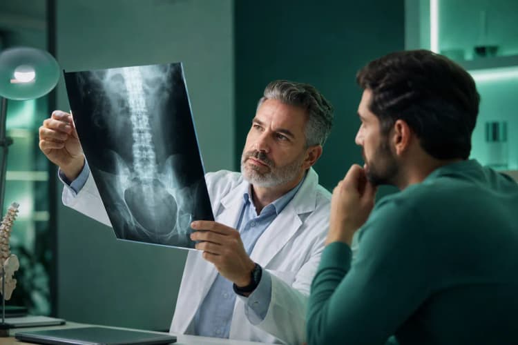 Médico examinando o raio-x da coluna de um paciente.