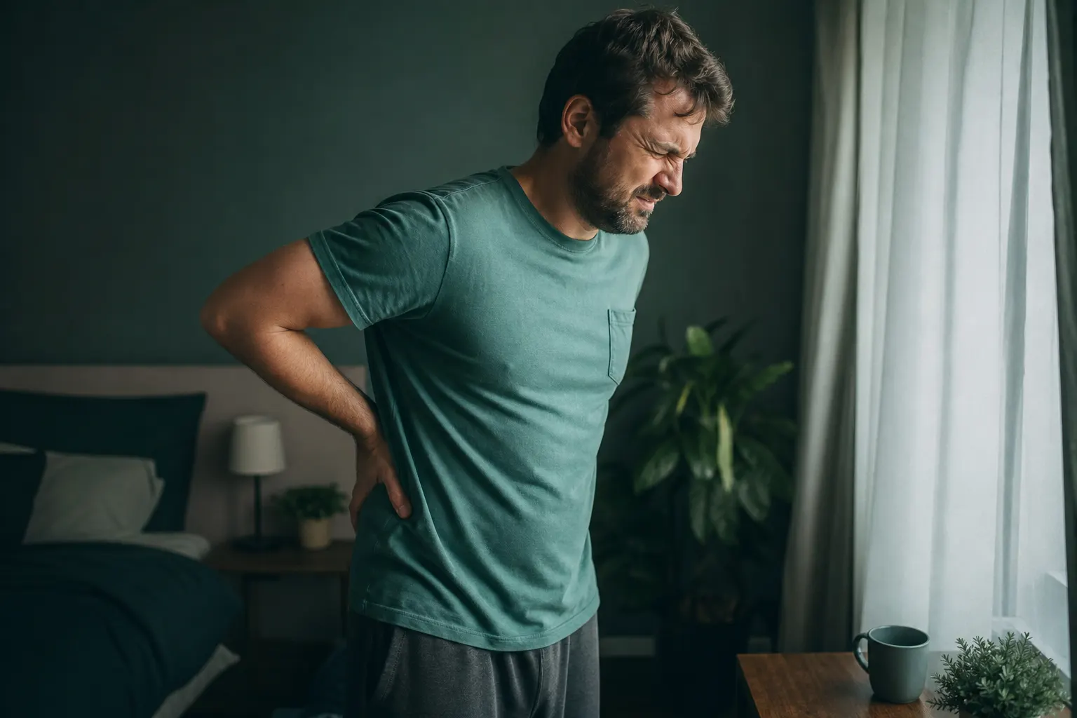 Homem com as mãos na lombar, expressando dor, em um ambiente interno com luz fraca.