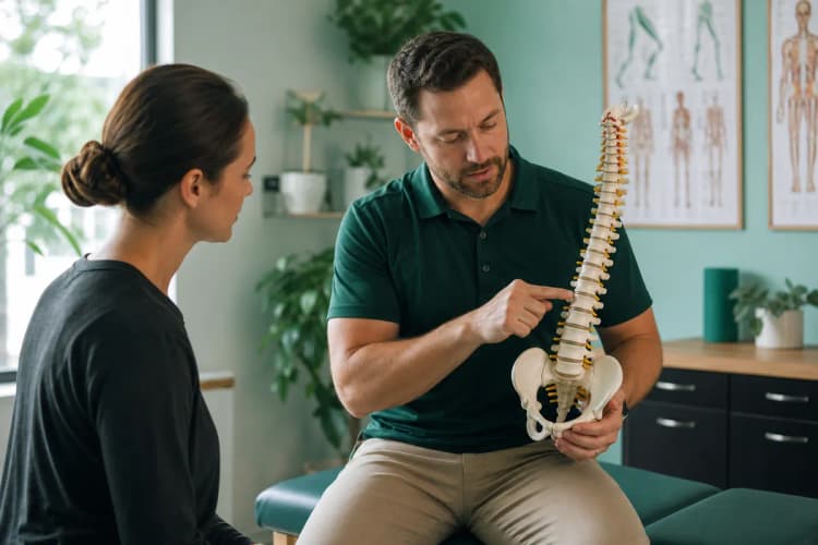 Um quiroprata conversando com um paciente, mostrando um modelo anatômico da coluna vertebral para explicar um procedimento.